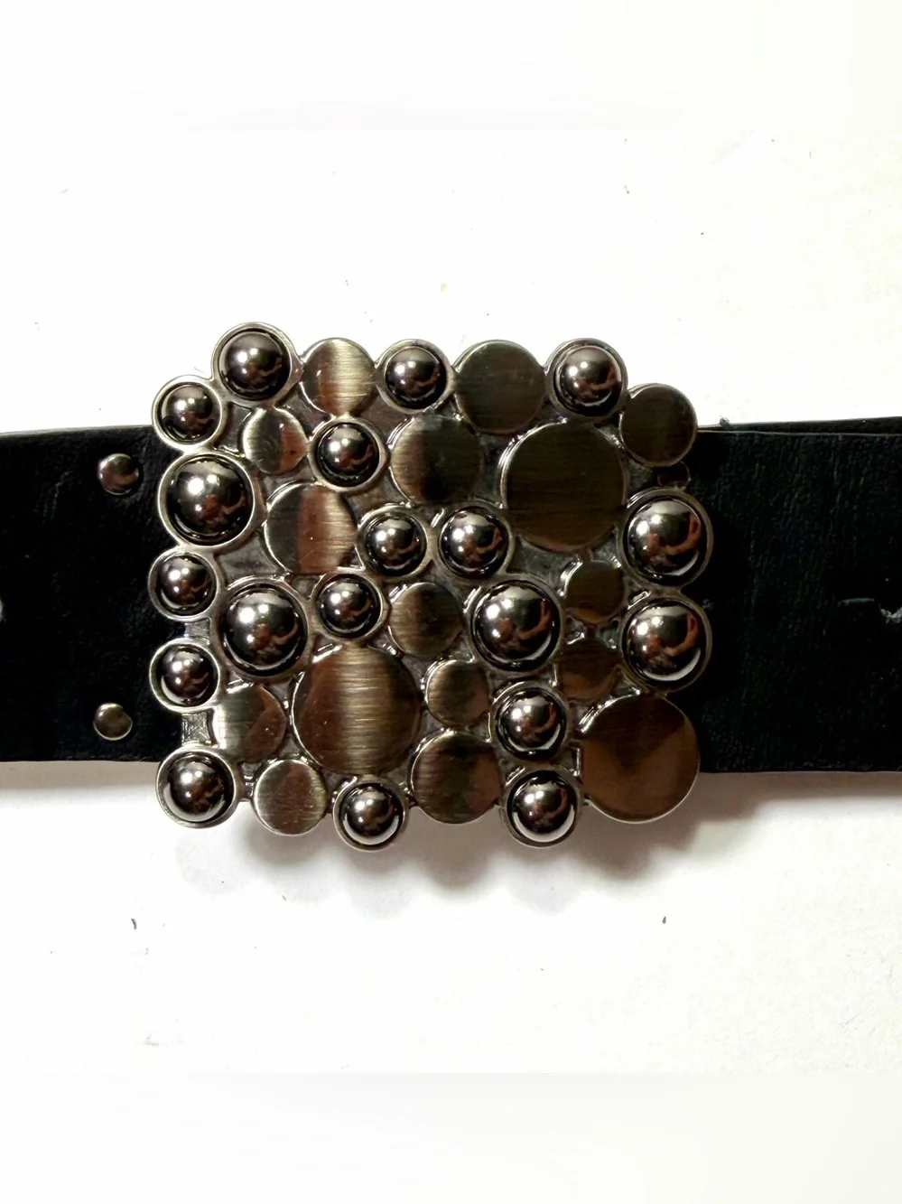 Vintage Calvin Klein Black Leather Belt Women L Studded Mosaic Statement Buckle